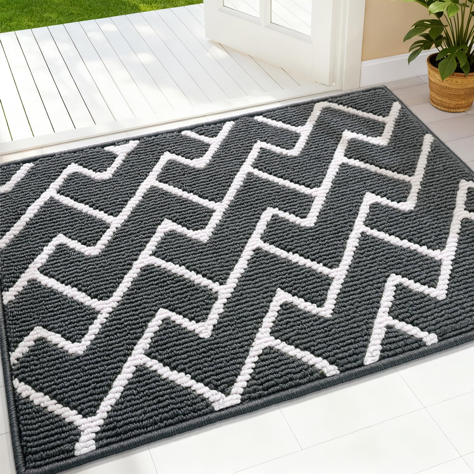 OLANLY Front Door Mat 32x20 charcoal geometric pattern front view
