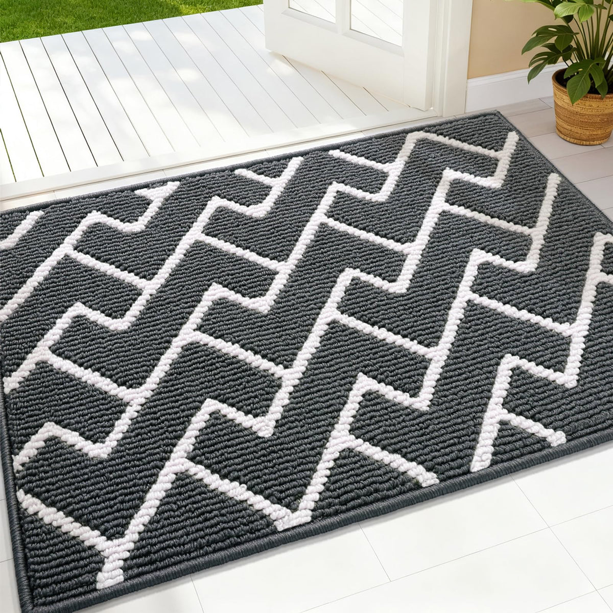 OLANLY Front Door Mat 32x20 charcoal geometric pattern front view