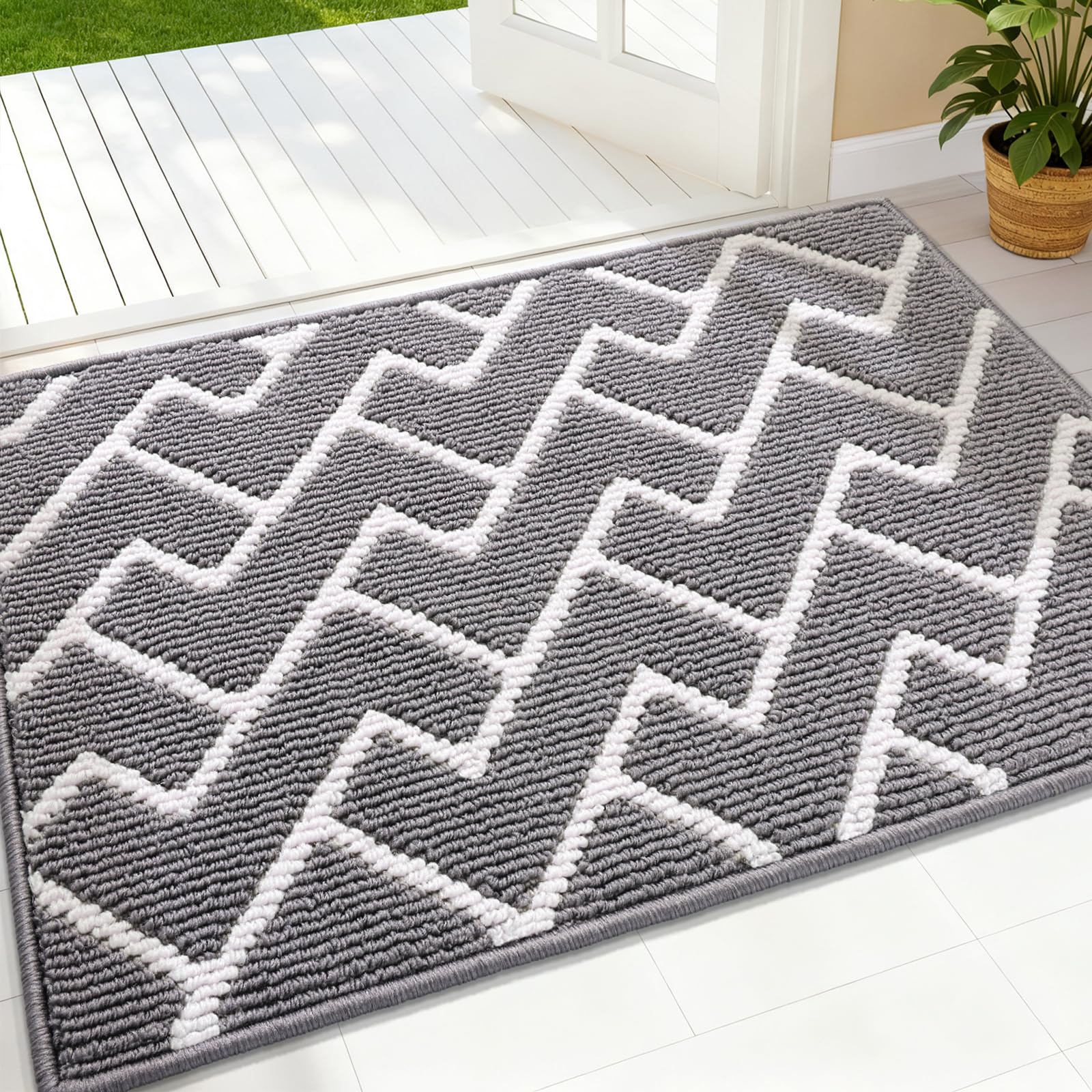 OLANLY Front Door Mat 32x20 grey with geometric patterns