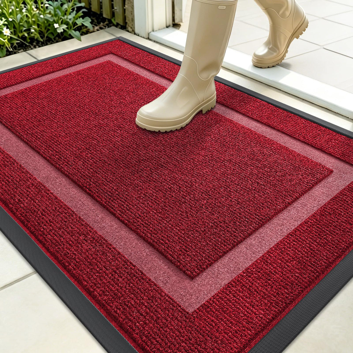 OLANLY Front Door Mat 35x23 in Wine Red front view