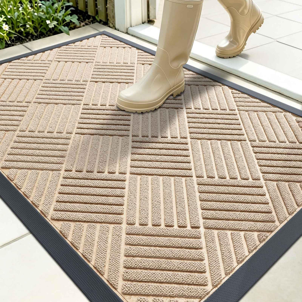 OLANLY Front Door Mat 35x23 Latte White Diamond front view