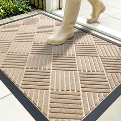 OLANLY Front Door Mat 35x23 Latte White Diamond front view