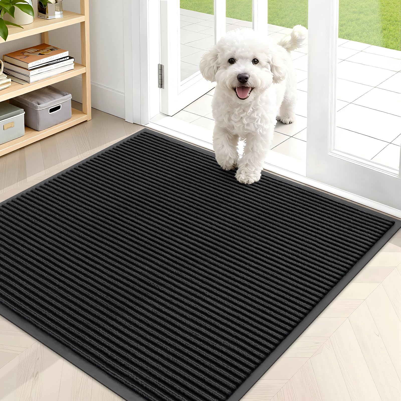 OLANLY Front Door Mat 35x30 black vertical stripe pattern