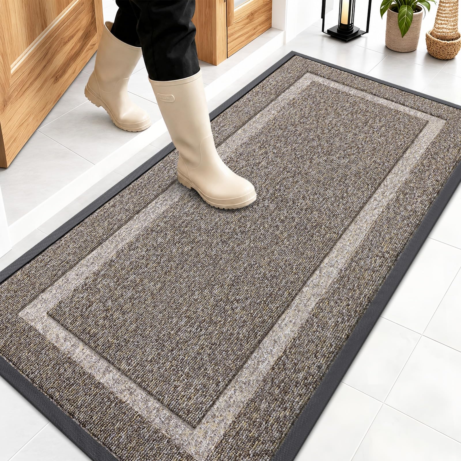 OLANLY Front Door Mat 47" x 23" Khaki and White front view