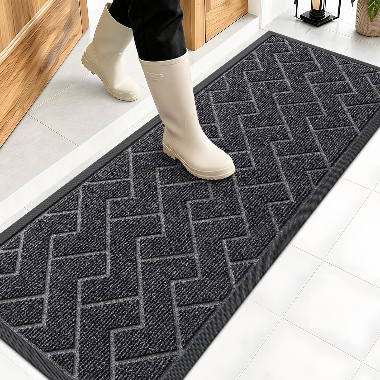 OLANLY Front Door Mat 47x17 grey model front view
