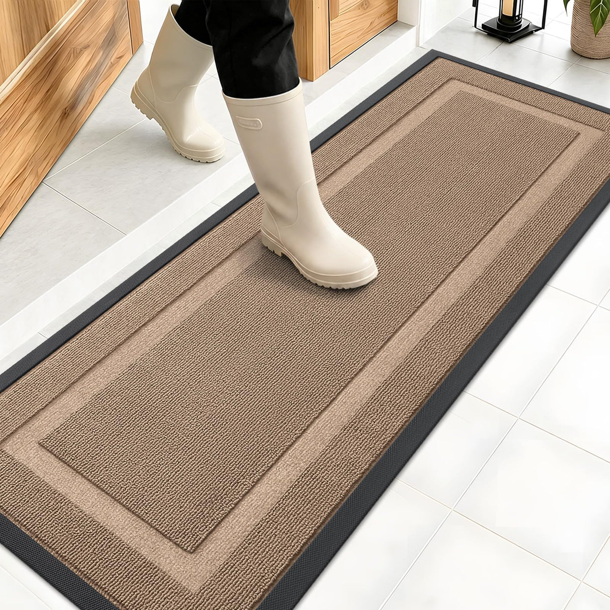 OLANLY Front Door Mat 47x17 in Mocha color, front view