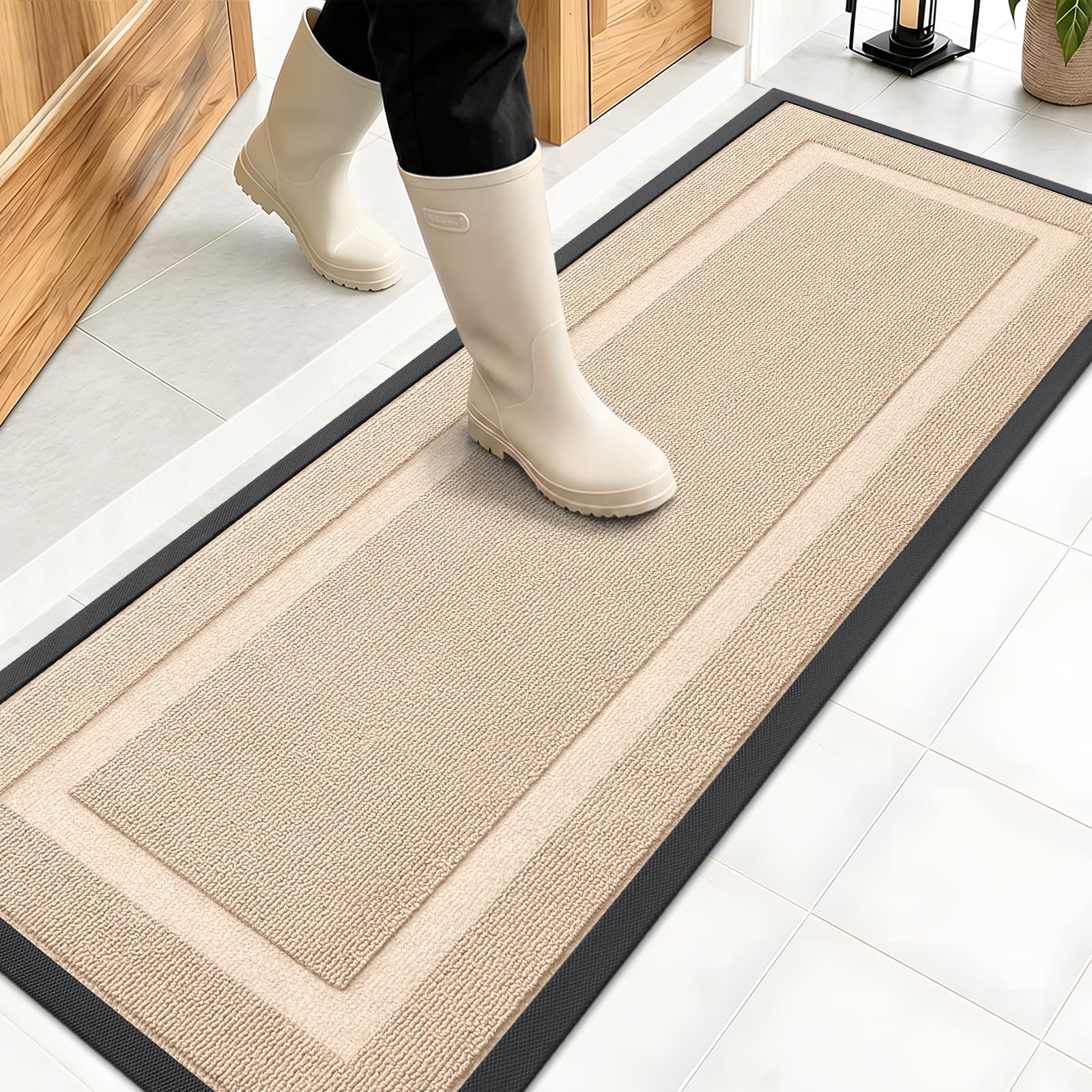 OLANLY Front Door Mat 47x17 off-white model front view