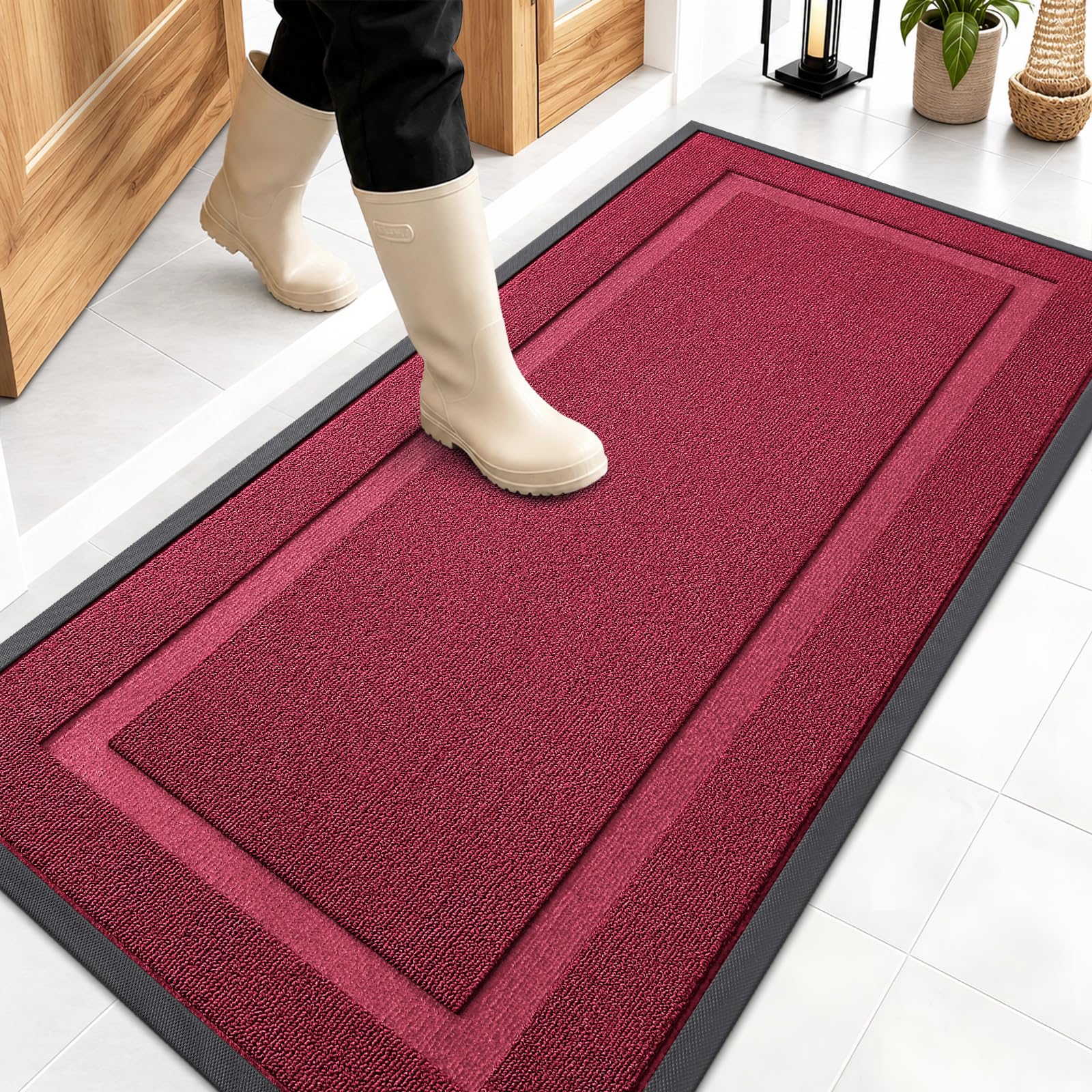 OLANLY Front Door Mat 47x23 burgundy front view