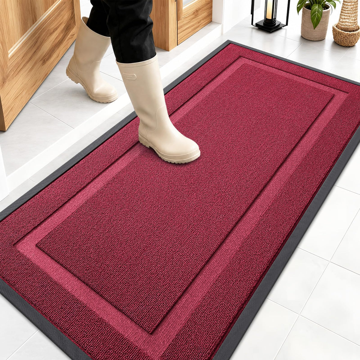 OLANLY Front Door Mat 47x23 burgundy front view