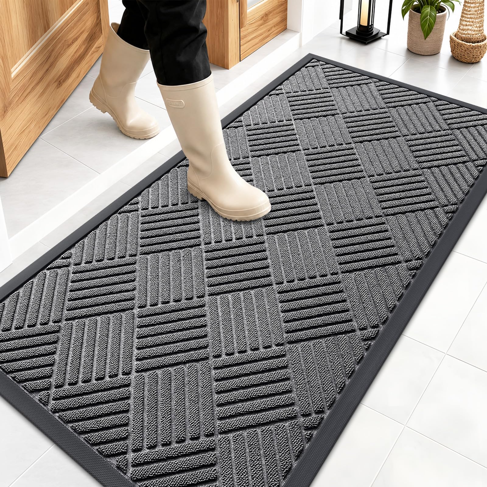 OLANLY Front Door Mat 47x23 inch grey diamond pattern front view
