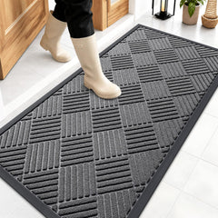 OLANLY Front Door Mat 47x23 inch grey diamond pattern front view