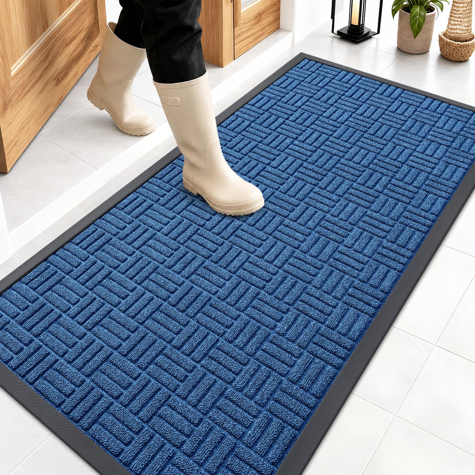 OLANLY Front Door Mat 47x23 with natural rubber backing, ocean blue
