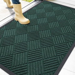 OLANLY Front Door Mat 47x32 Black Green Diamond front view