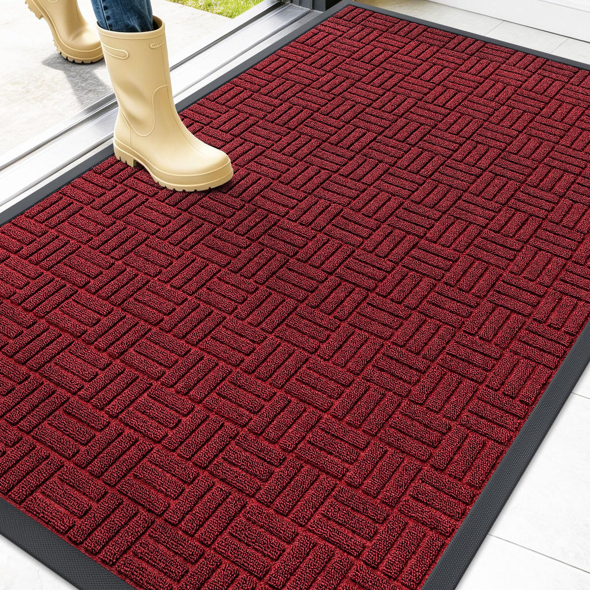 OLANLY Front Door Mat 47x32 black red front view