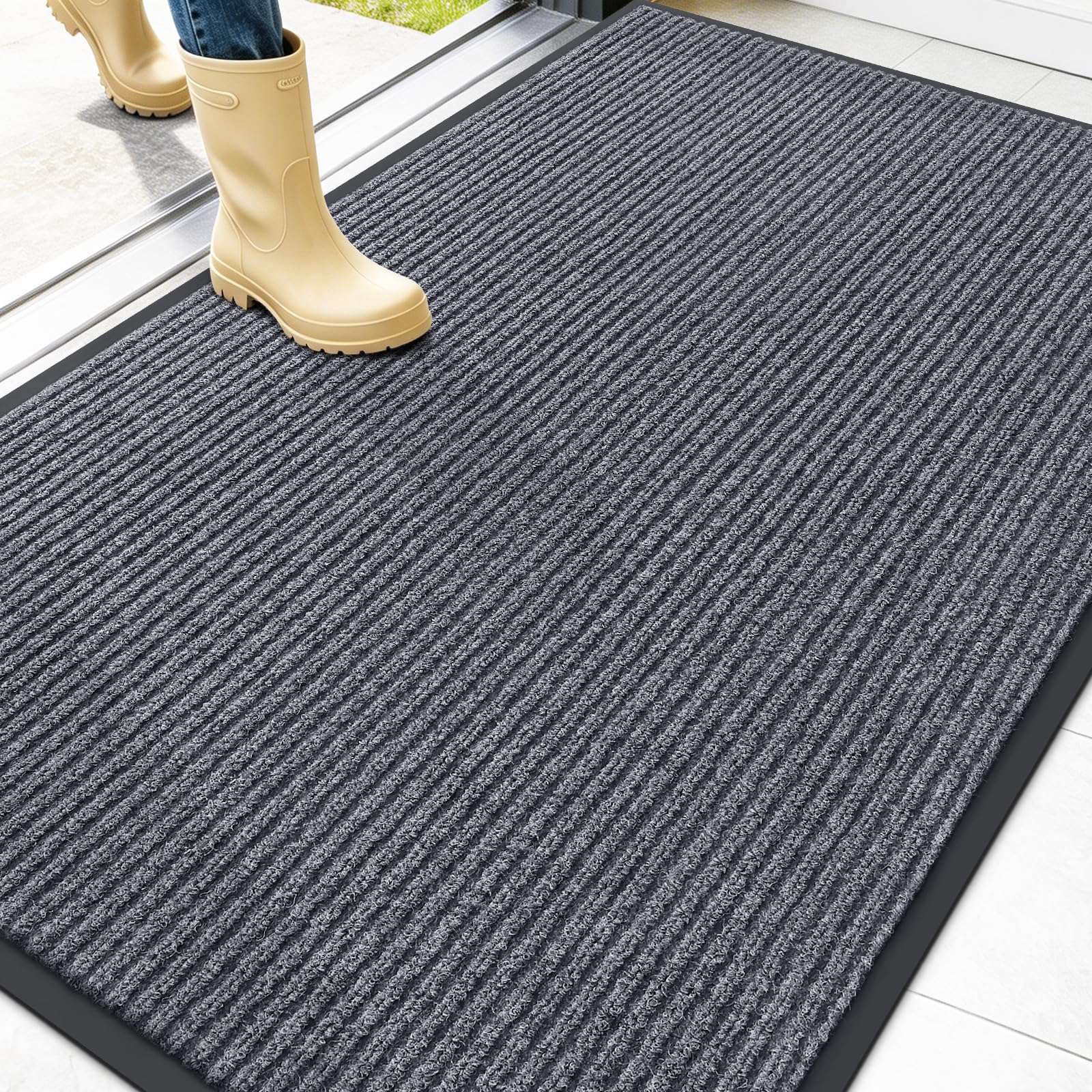 OLANLY Front Door Mat 47x32 grey stripe pattern front view