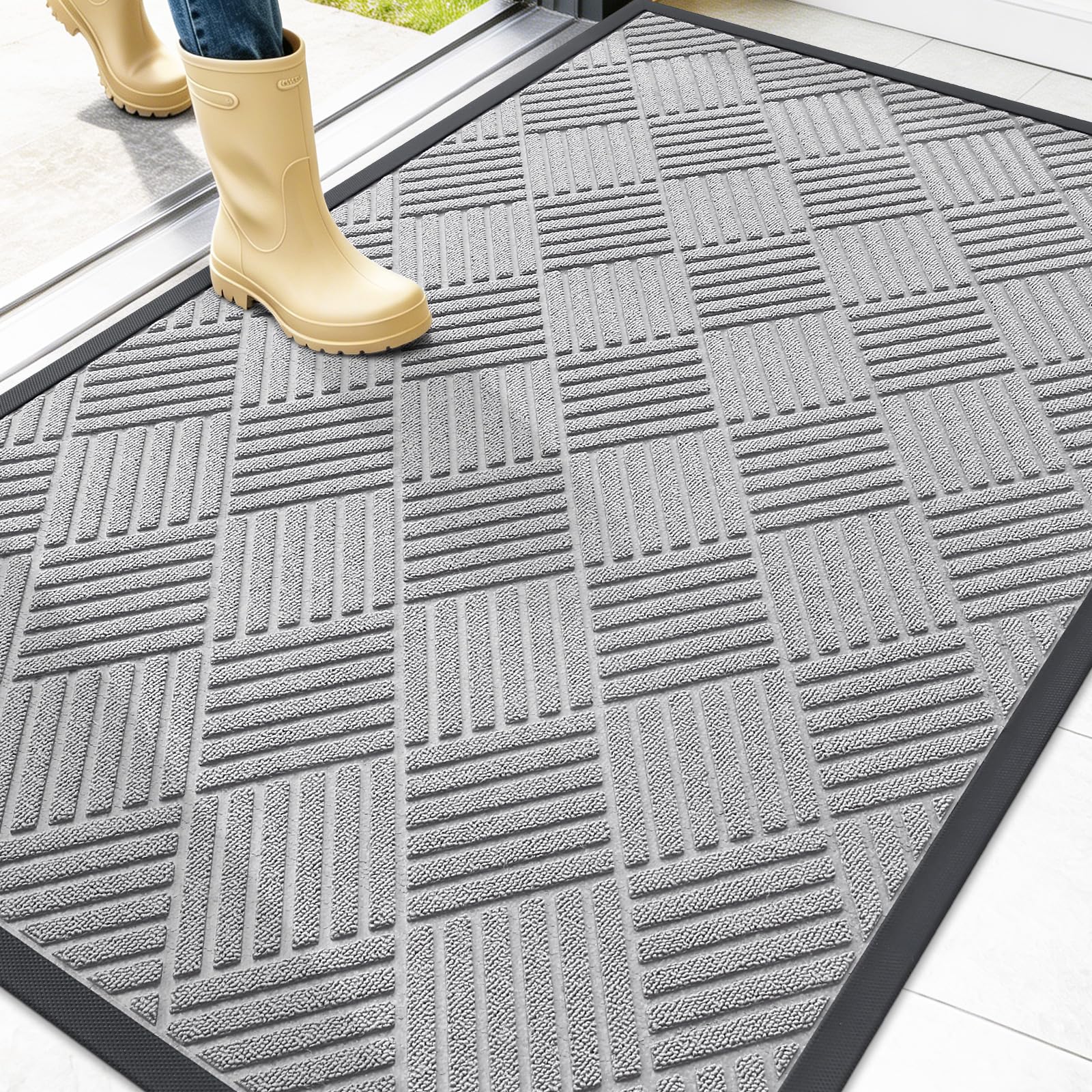 OLANLY Front Door Mat 47x32 light gray diamond design front view