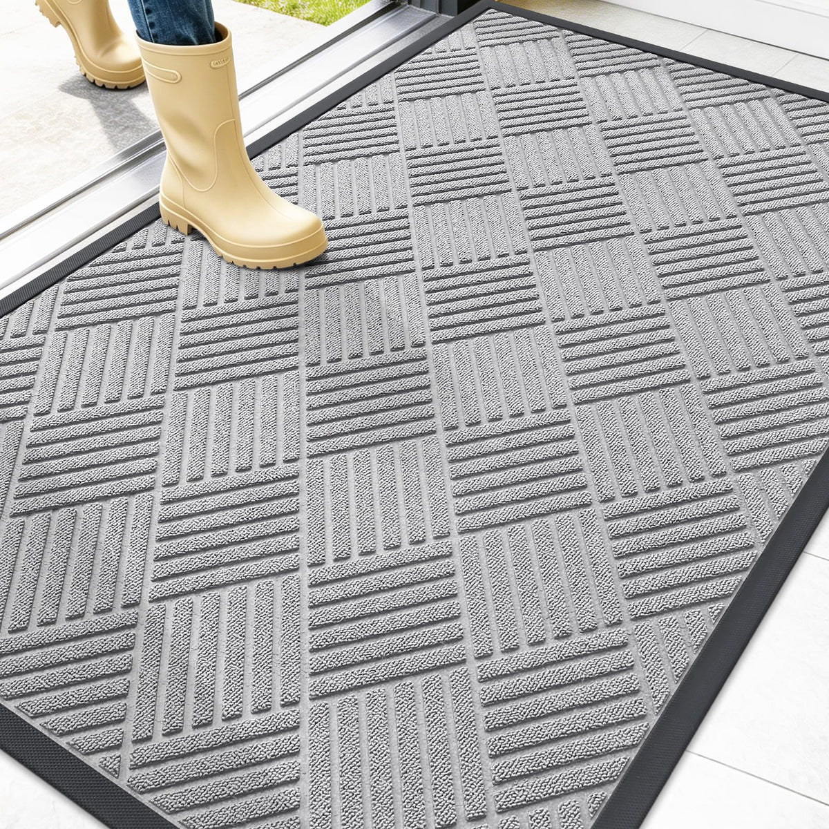 OLANLY Front Door Mat 47x32 light gray diamond design front view