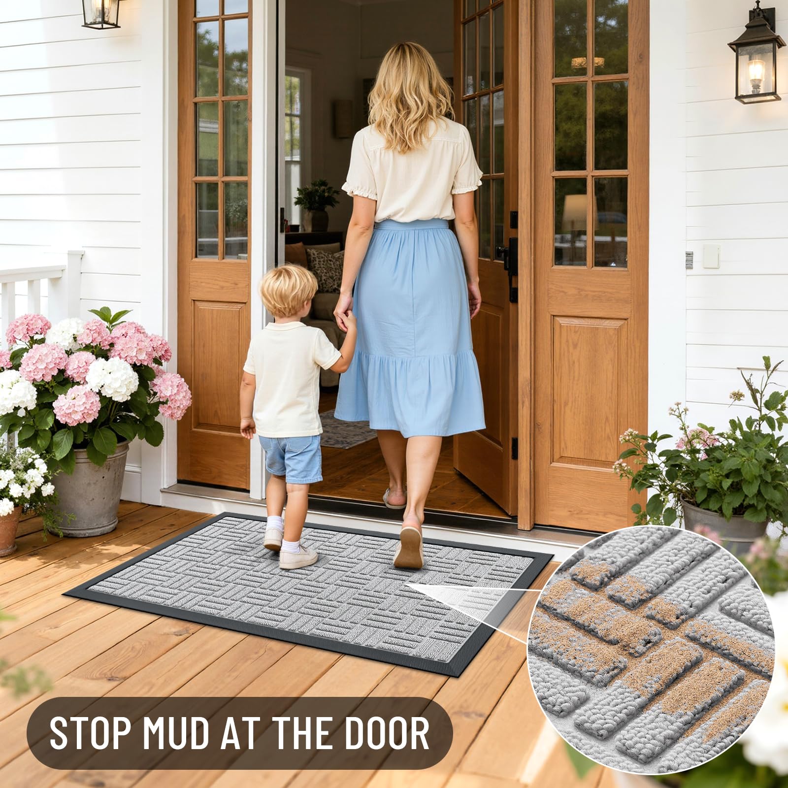 OLANLY Front Door Mat 47x32 light gray with dirt trapped