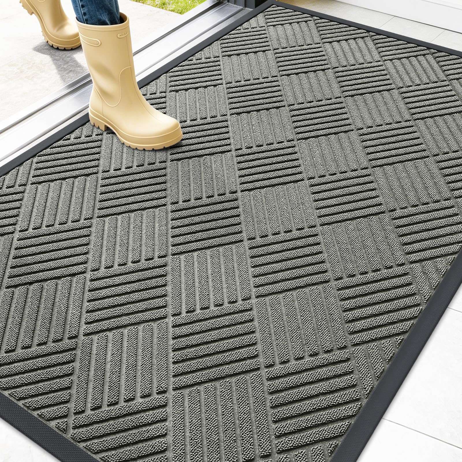 OLANLY Front Door Mat 47x32 modern gray diamond front view