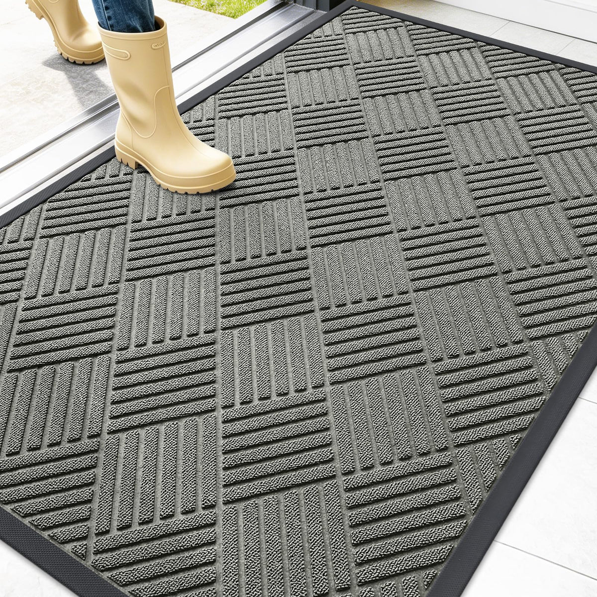 OLANLY Front Door Mat 47x32 modern gray diamond front view