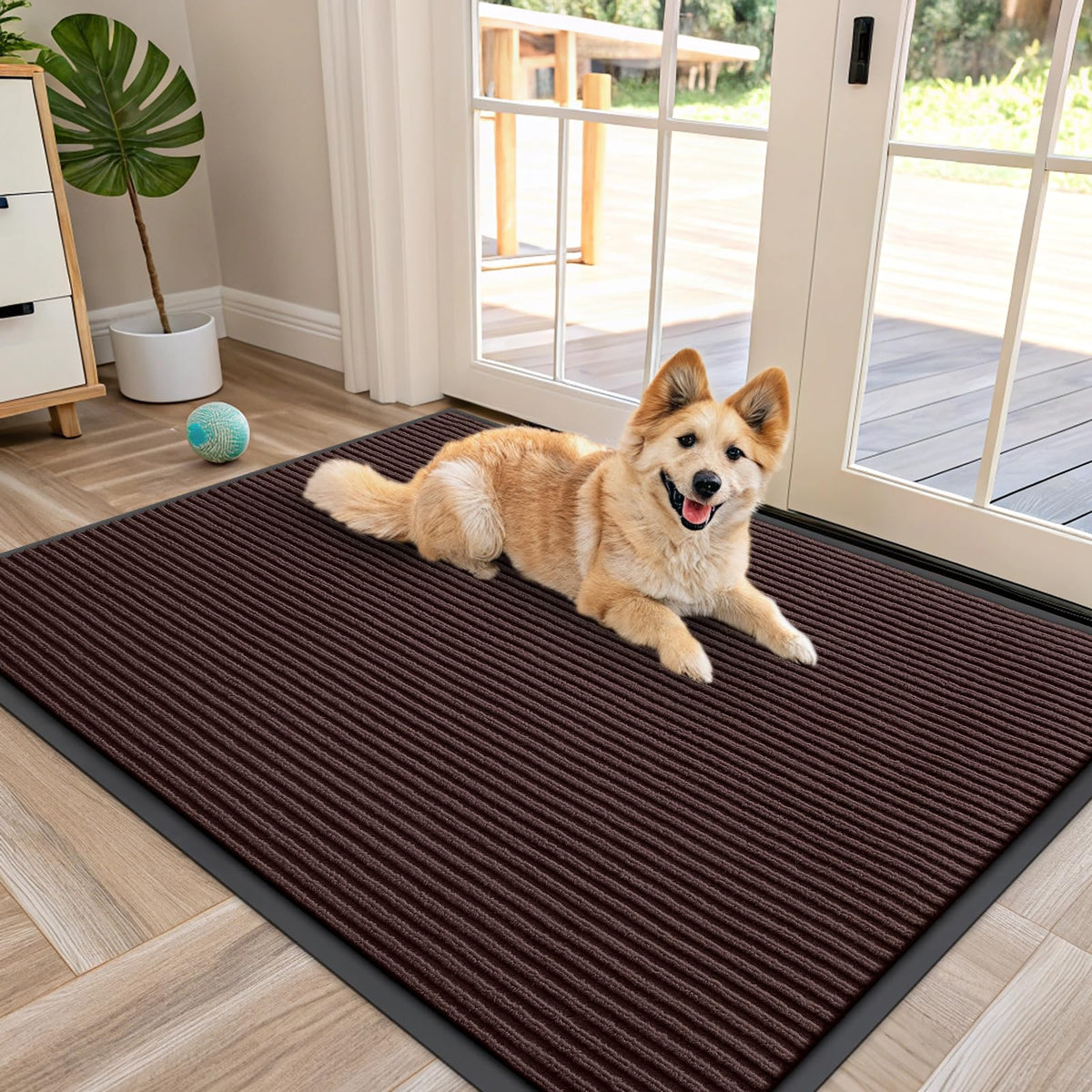 OLANLY Front Door Mat 47x34 brown striped design front view