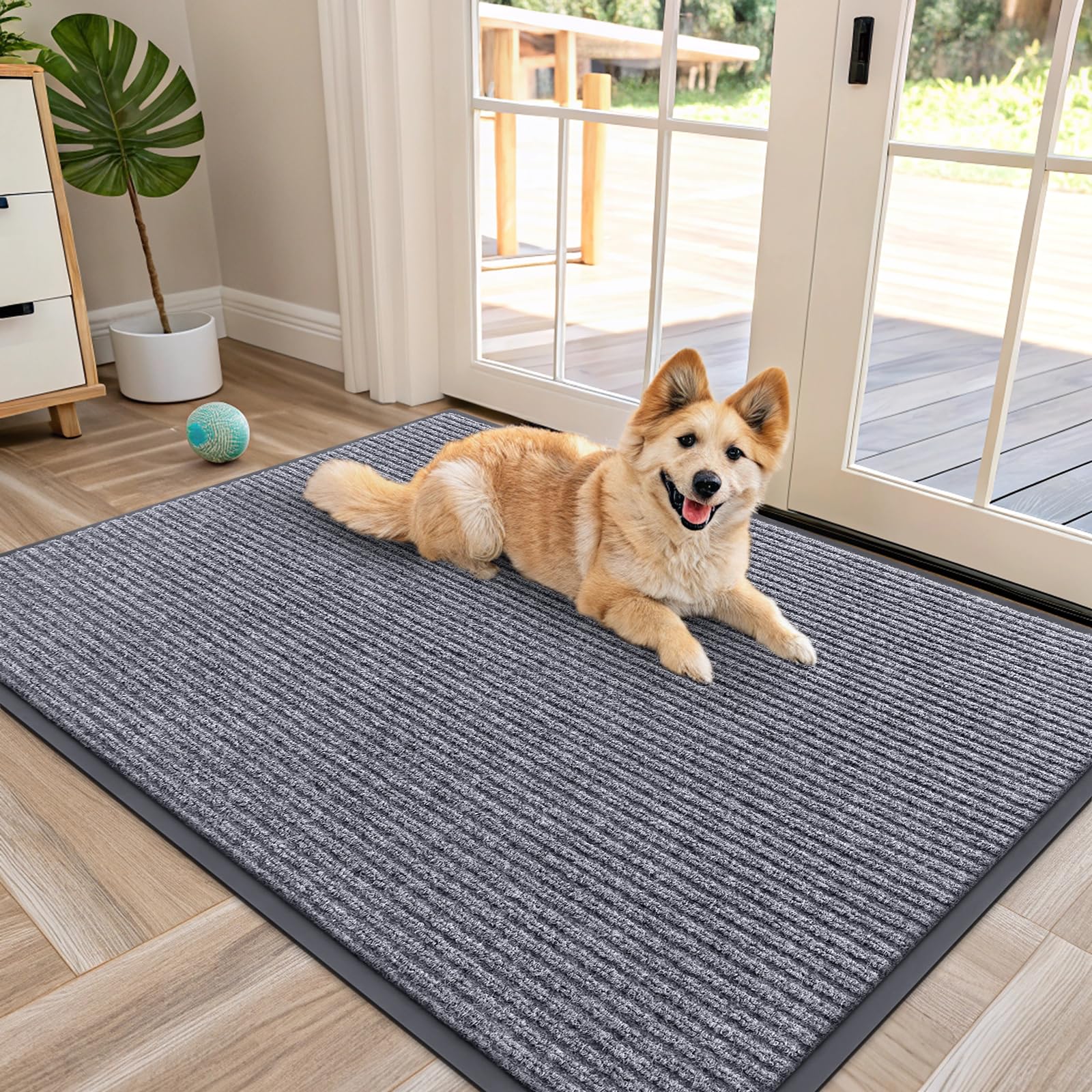 OLANLY Front Door Mat 47x34 in light gray with modern stripe pattern