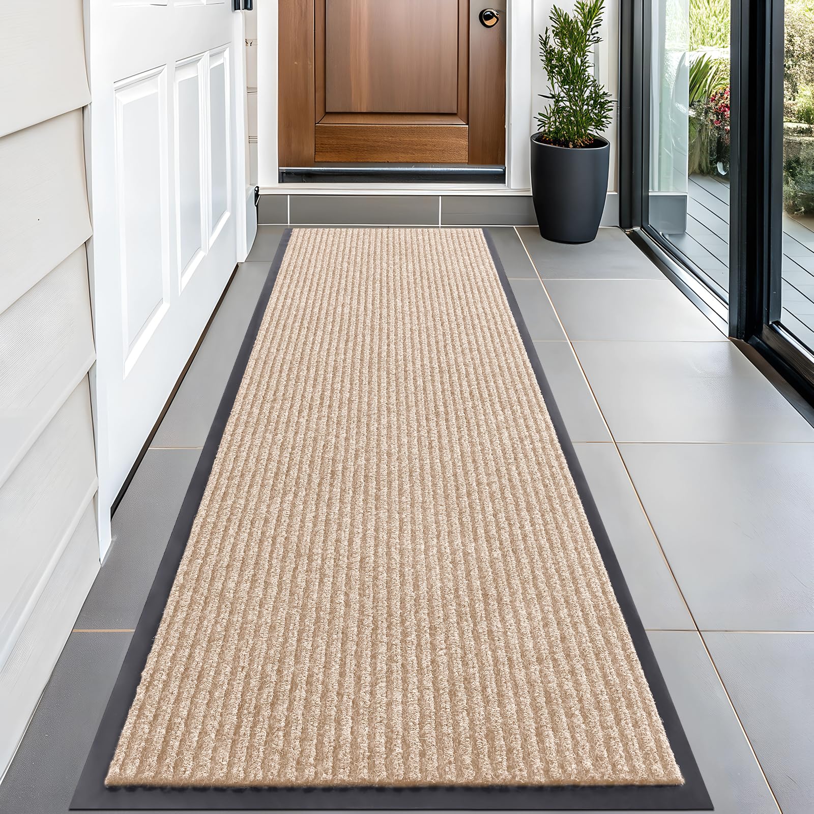 OLANLY Front Door Mat 59x20 beige with modern stripe pattern