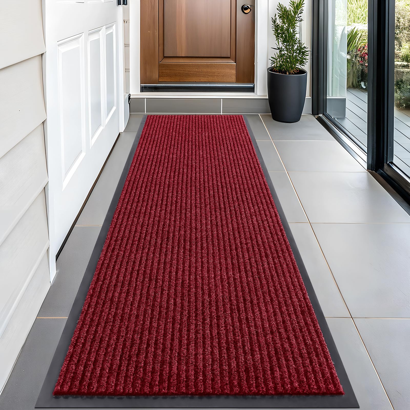 OLANLY Front Door Mat 59x20 in Wine Red, modern stripe pattern