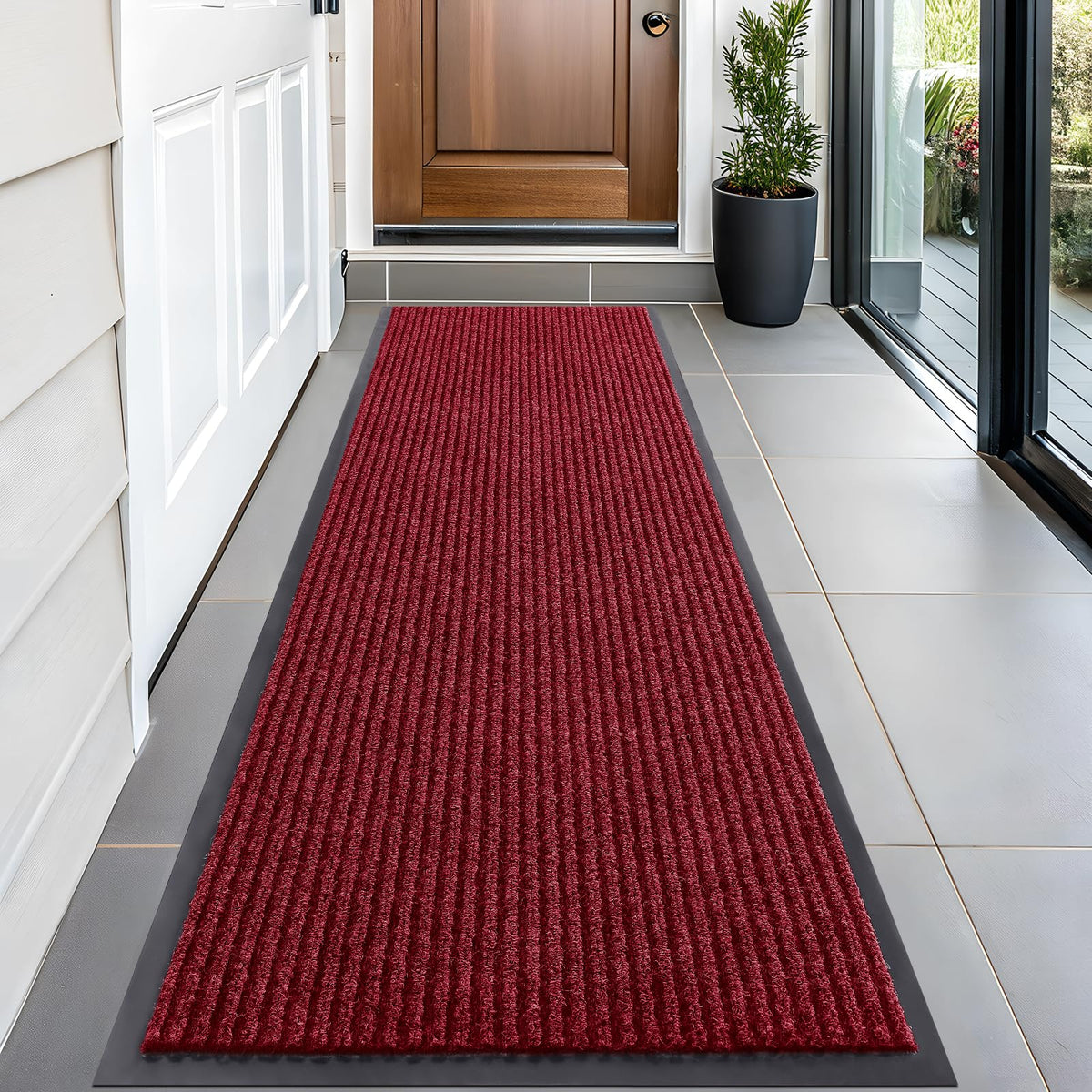 OLANLY Front Door Mat 59x20 in Wine Red, modern stripe pattern