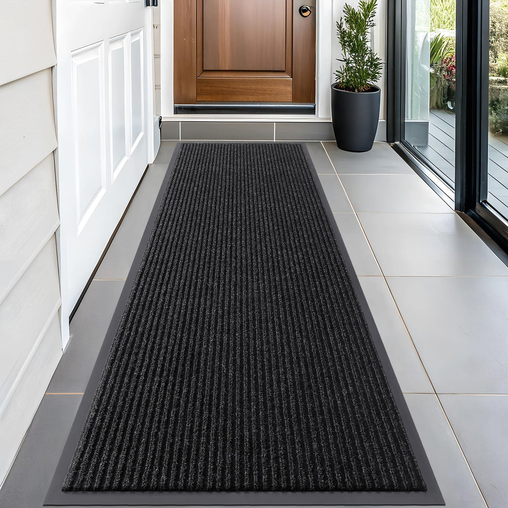 OLANLY Front Door Mat 59x20 off-black modern stripe pattern front view