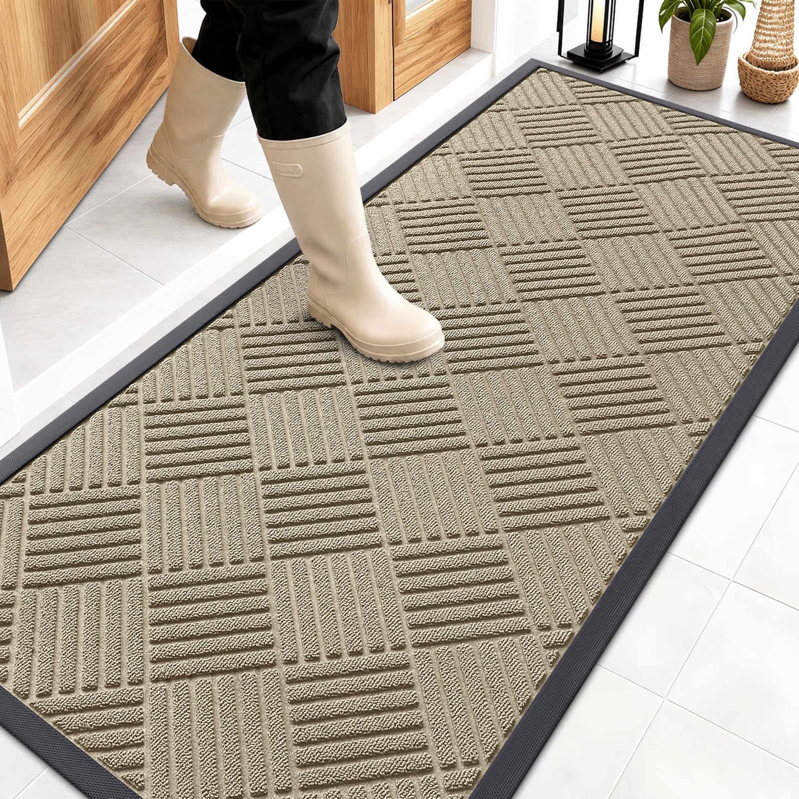 OLANLY Front Door Mat 59x23 beige diamond design