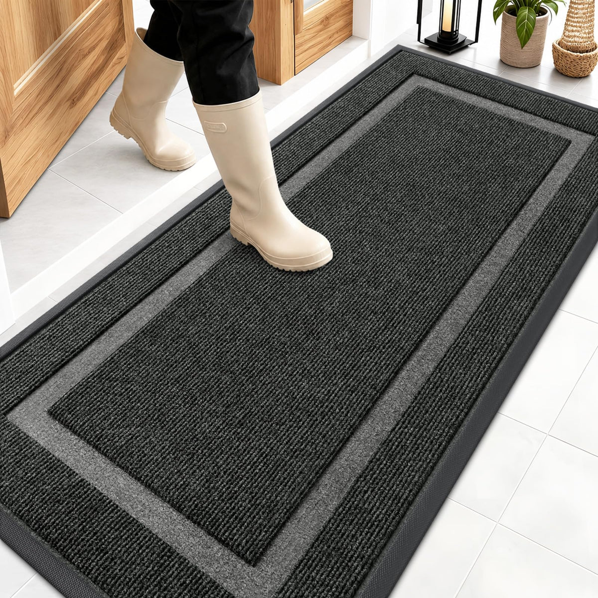 OLANLY Front Door Mat 59x23 black model front view