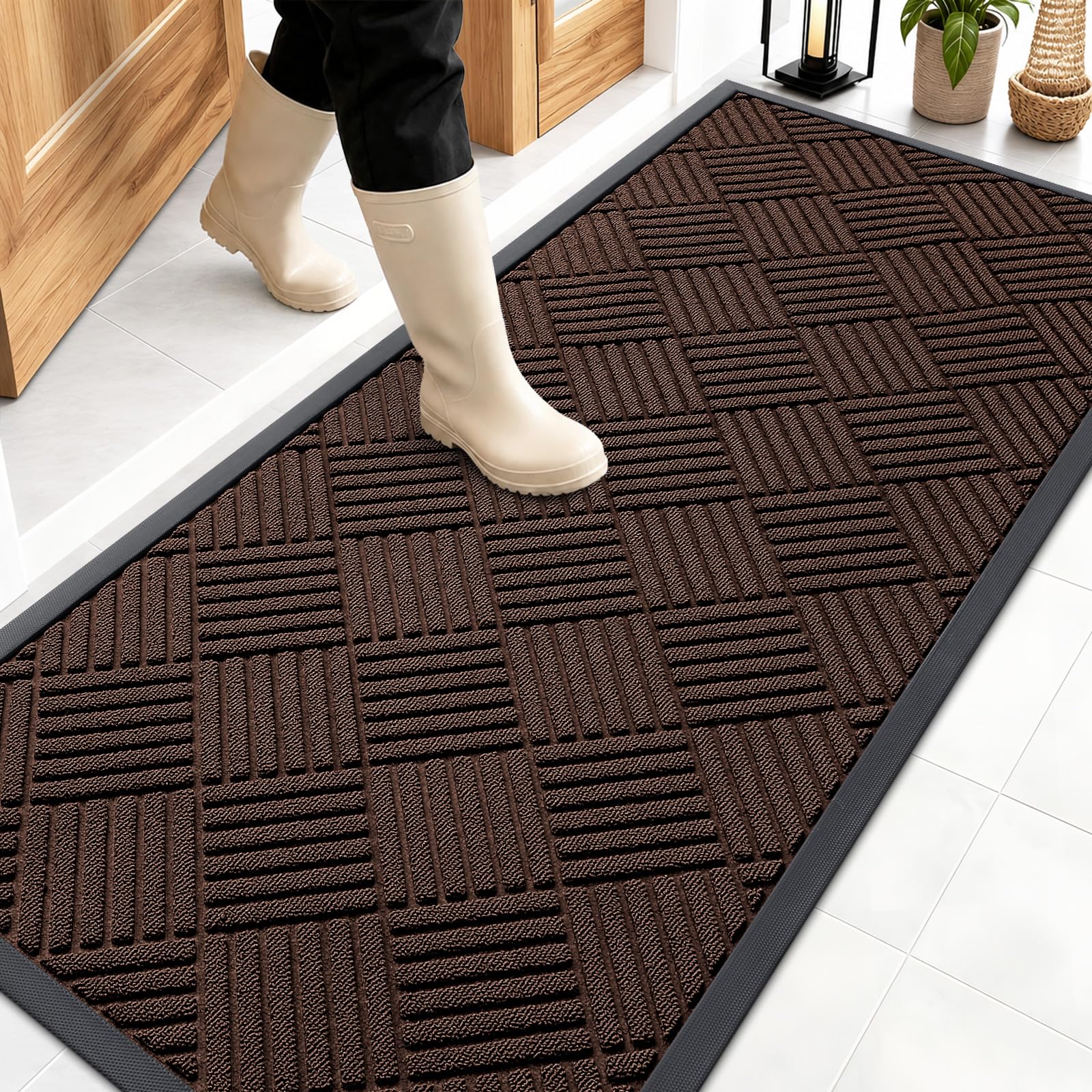 OLANLY Front Door Mat 59x23 brown diamond design front view