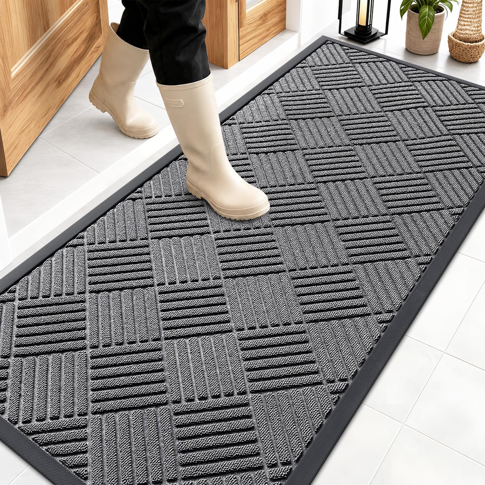 OLANLY Front Door Mat 59x23 grey model front view