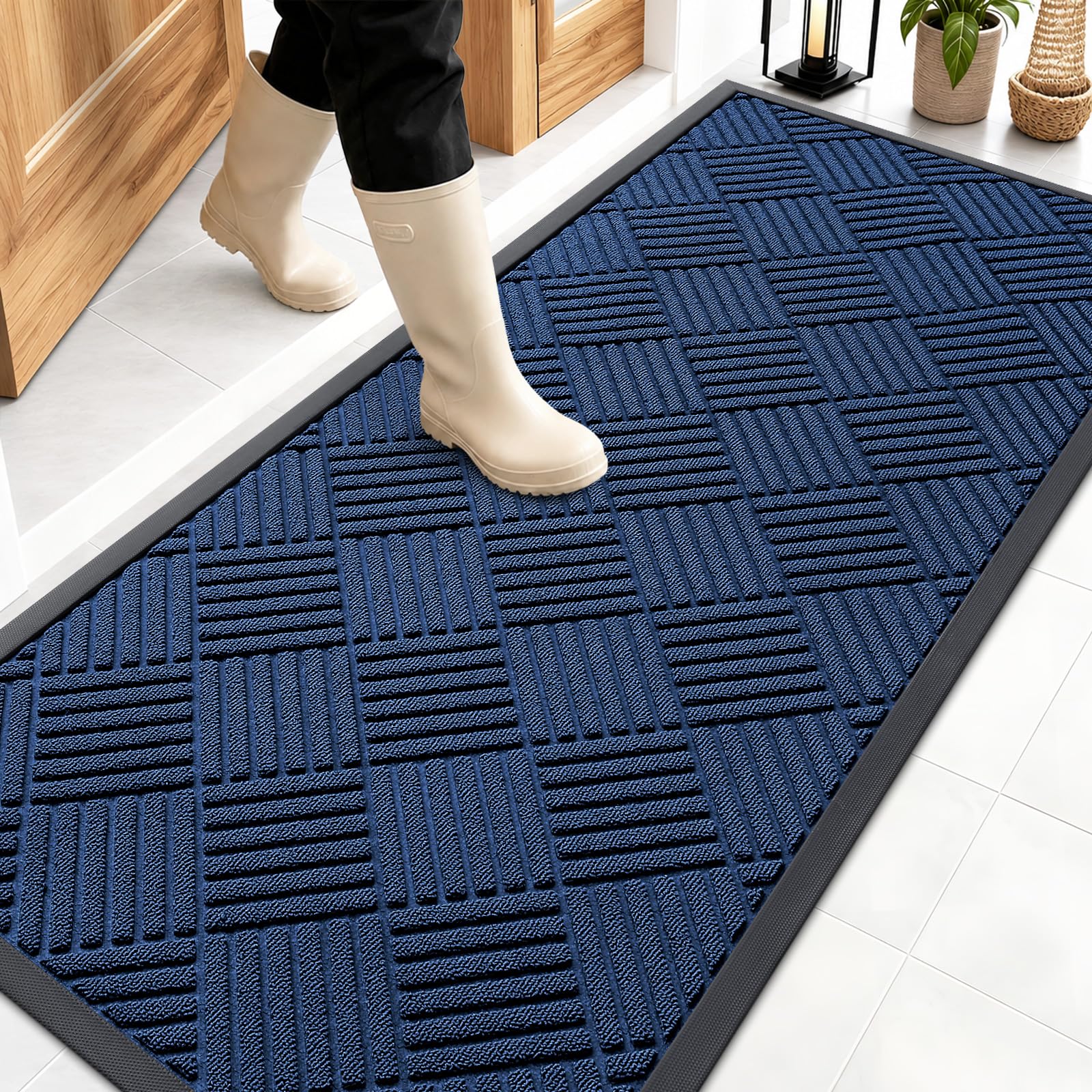 OLANLY Front Door Mat 59x23 navy blue diamond pattern front view