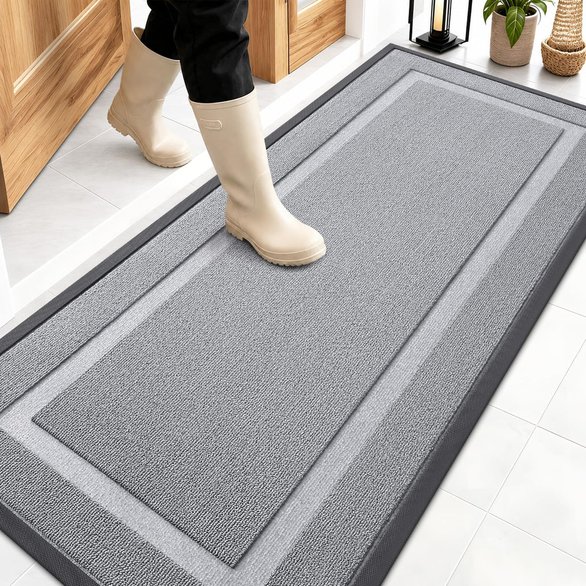 OLANLY Front Door Mat 59x23 Silver Gray front view