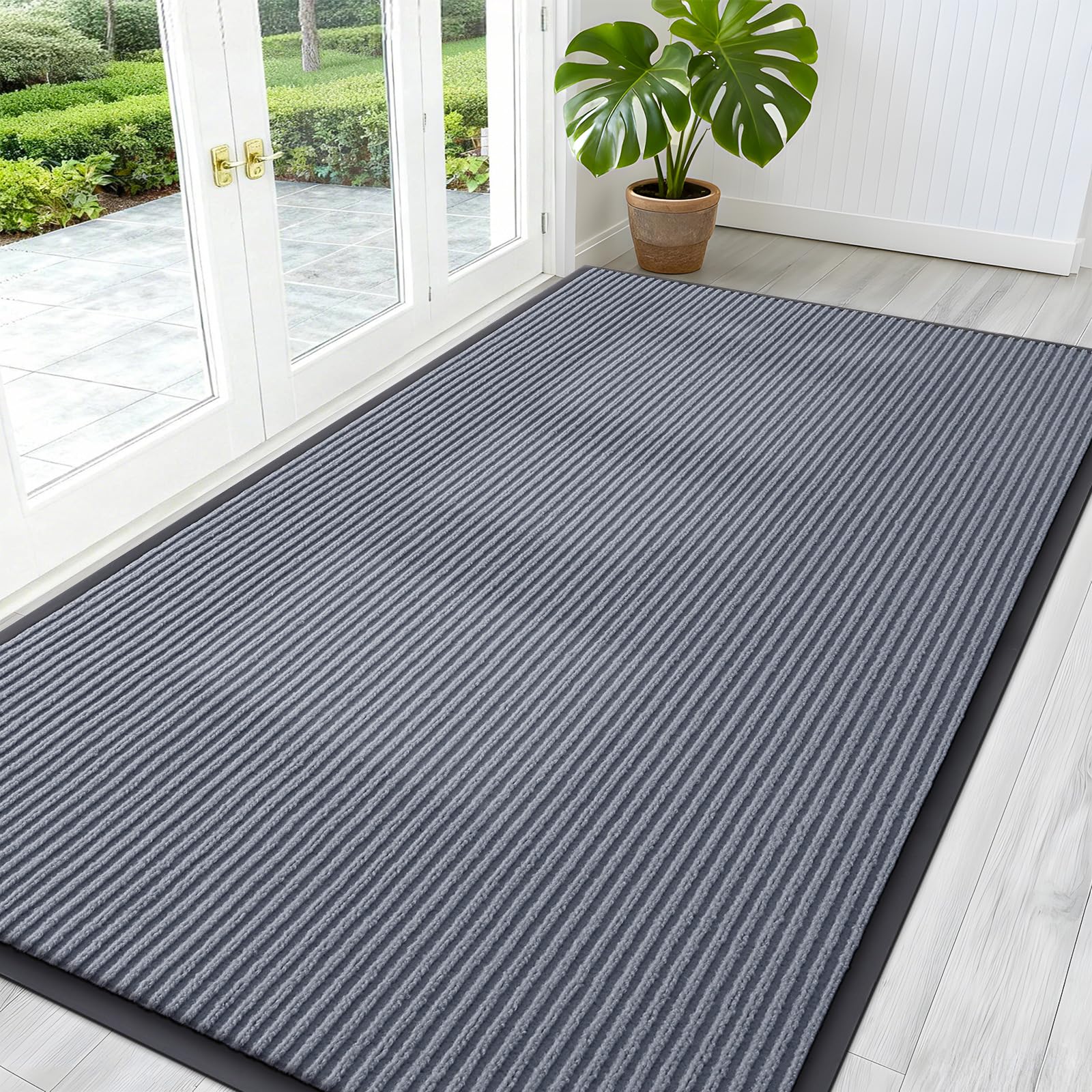 OLANLY Front Door Mat 59x30 in ash grey with modern stripe pattern
