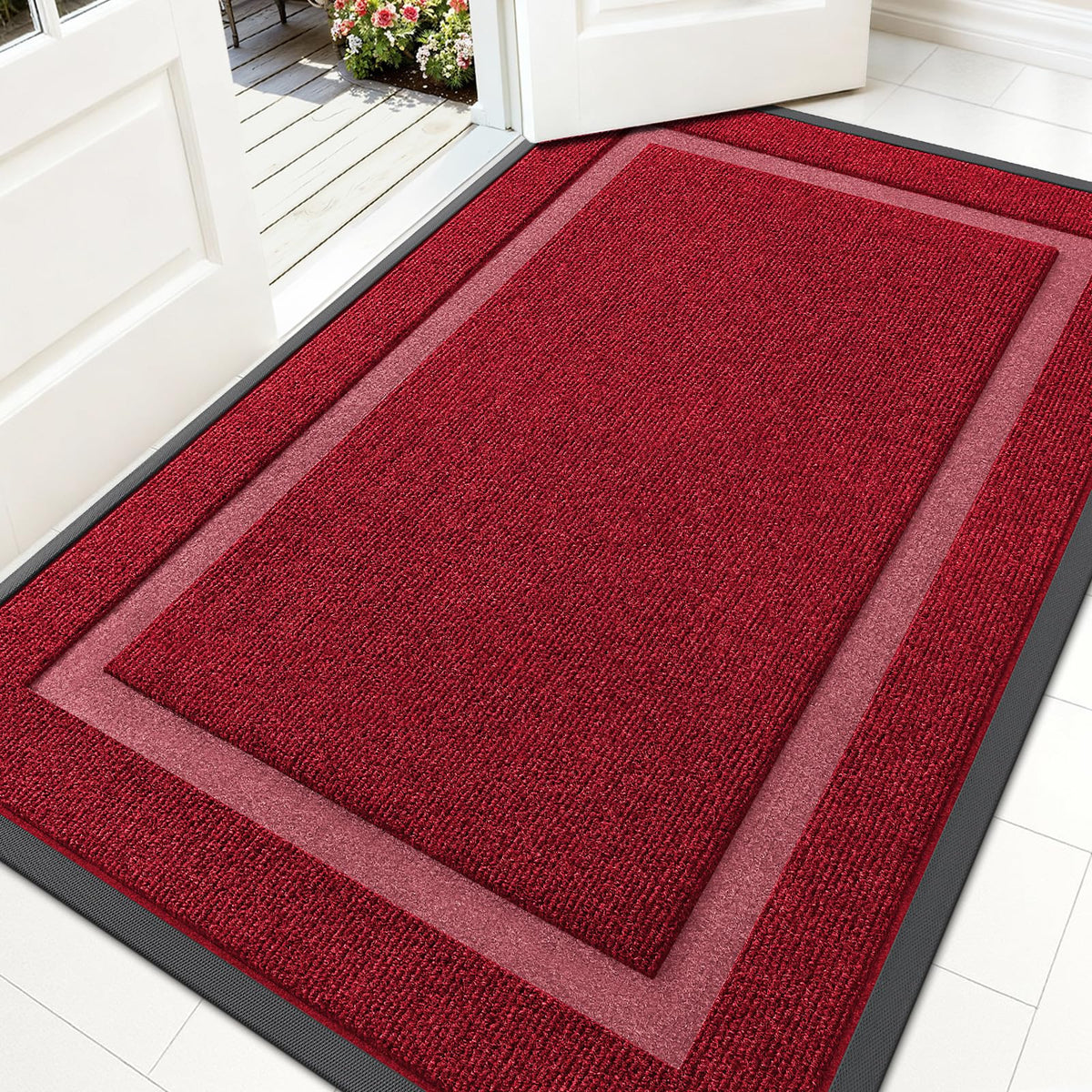 OLANLY Front Door Mat 59x30 in Wine Red, top view
