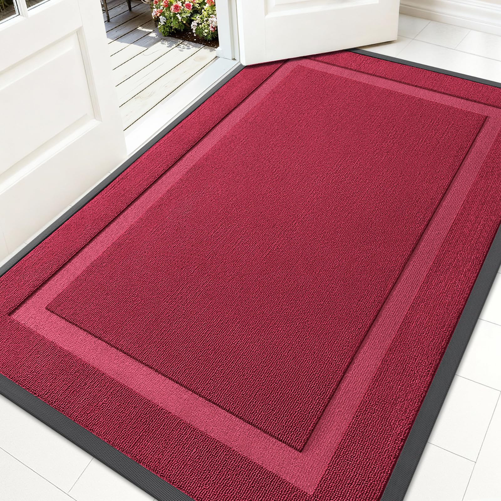 OLANLY Front Door Mat 59x34 burgundy model front view