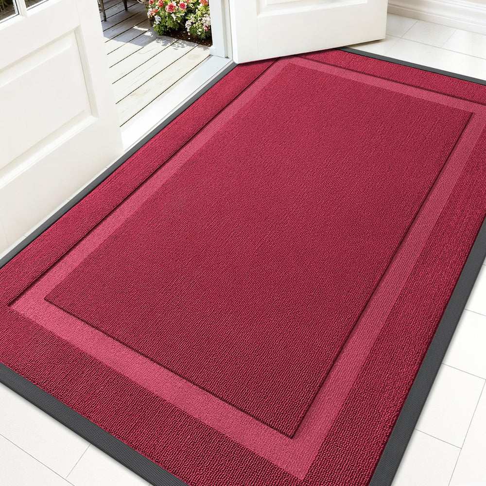 OLANLY Front Door Mat 59x34 burgundy model front view