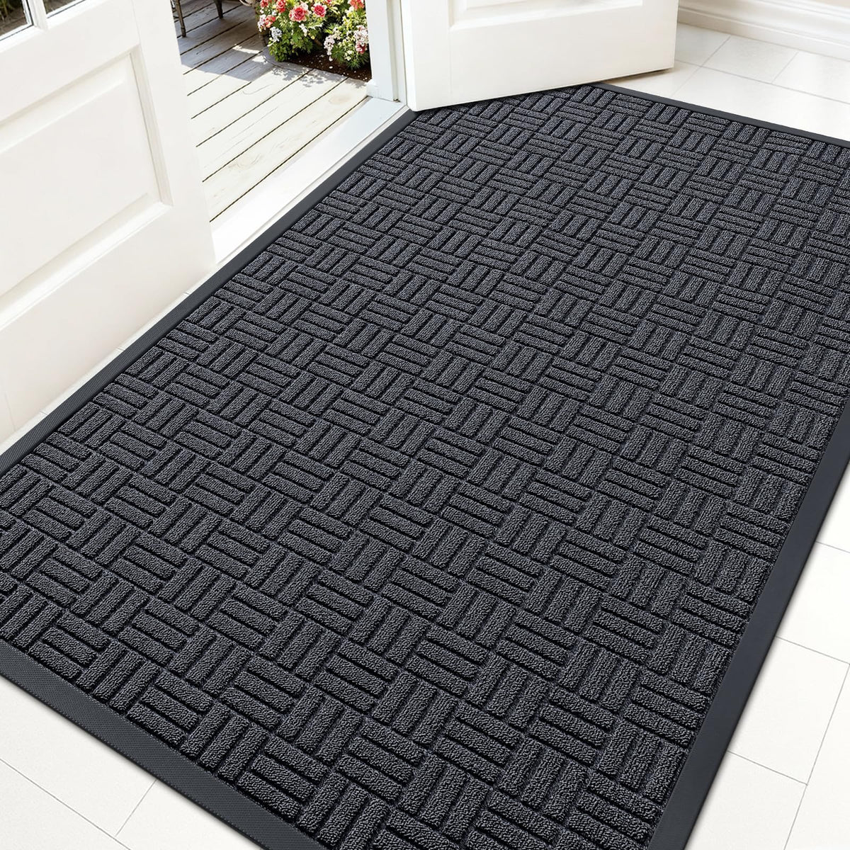 OLANLY Front Door Mat 59x34 front view showing rubber backing