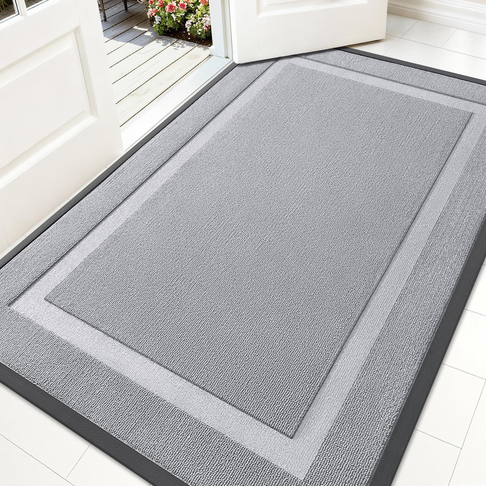 OLANLY Front Door Mat 59x34 silver gray front view