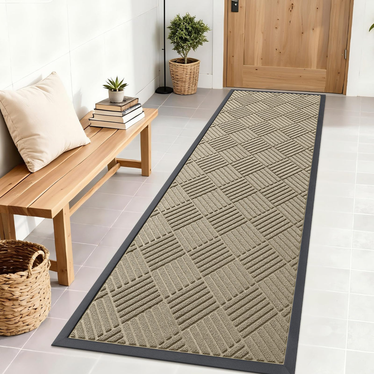 OLANLY Front Door Mat 71x23 beige diamond design front view
