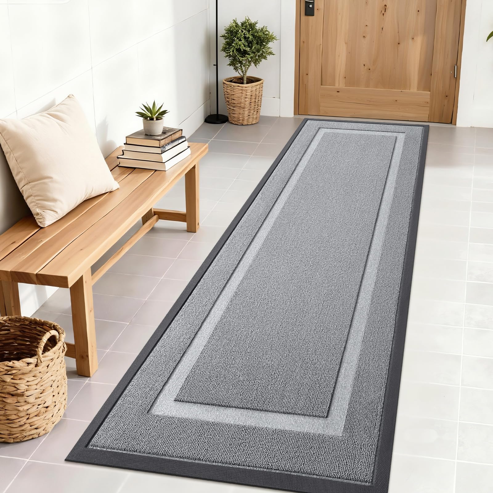 OLANLY Front Door Mat 71x23 in Ash Gray, front view