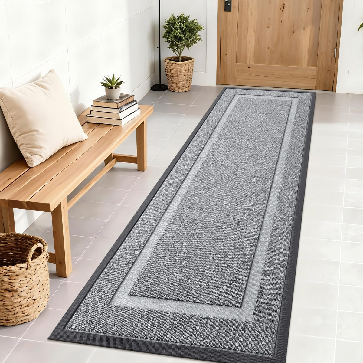 OLANLY Front Door Mat 71x23 in Ash Gray, front view