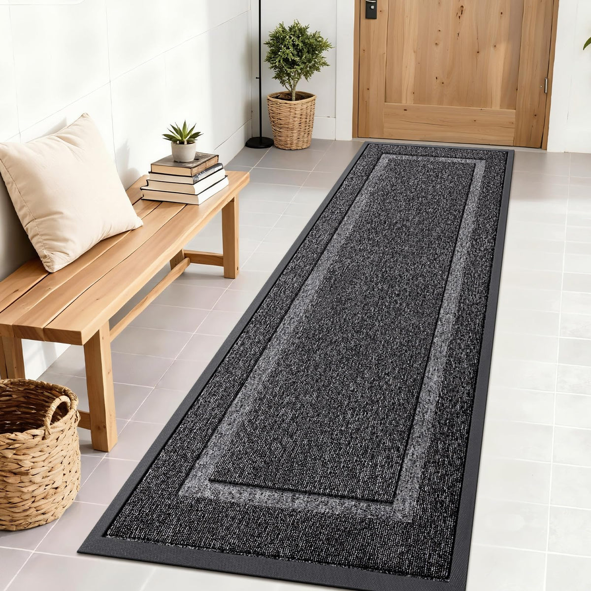 OLANLY Front Door Mat 71x23 in Black and White, front view