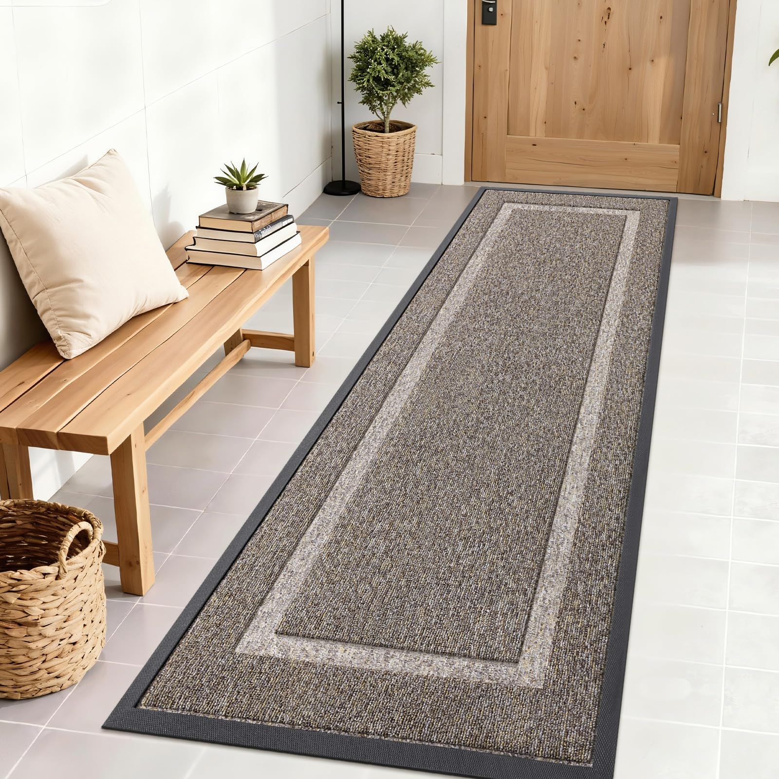 OLANLY Front Door Mat 71x23 Khaki and White front view