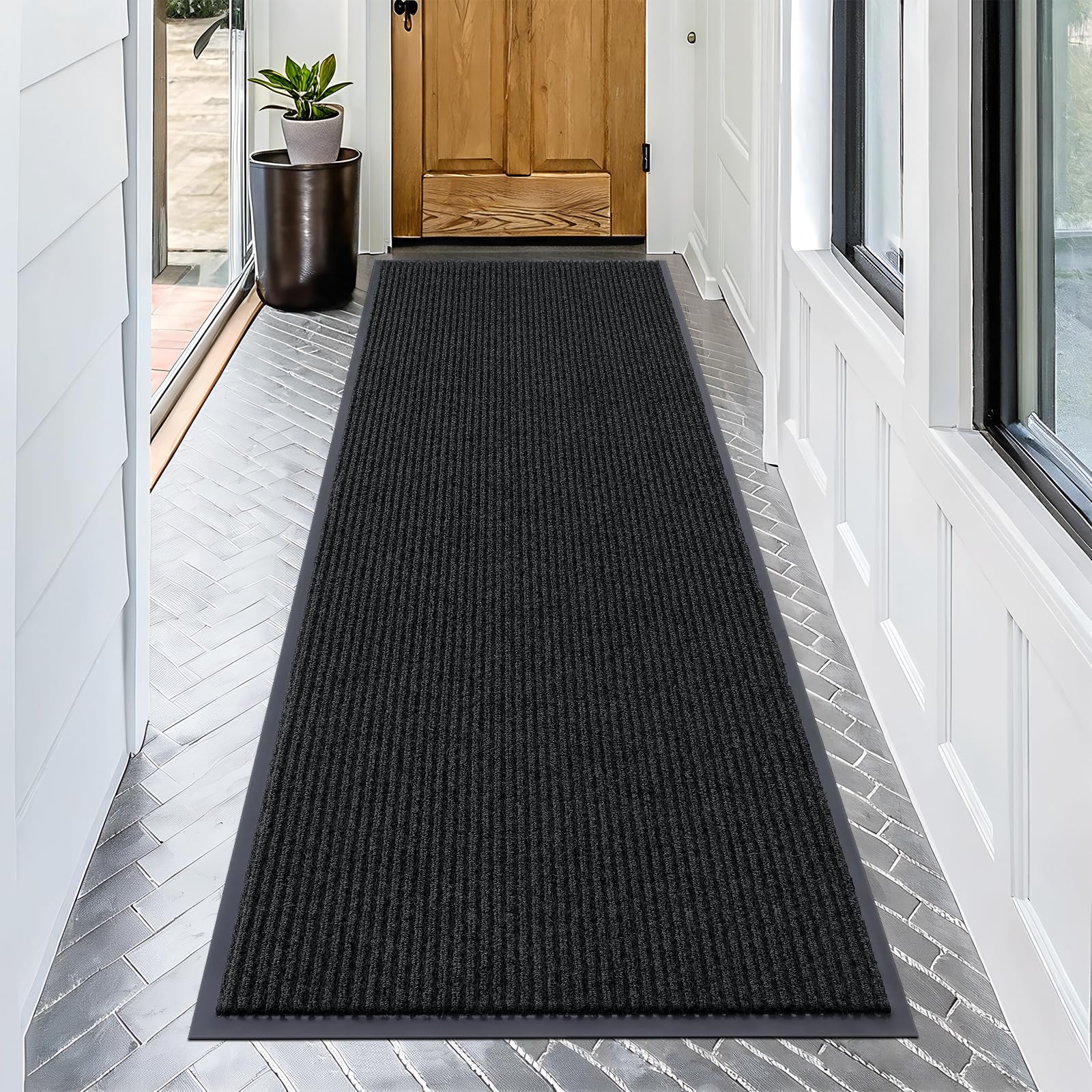 OLANLY Front Door Mat 71x30 black modern stripe front view