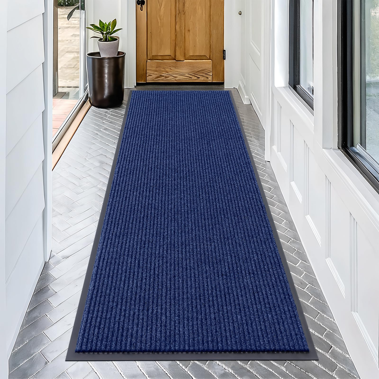 OLANLY Front Door Mat 71x30 blue with modern stripe pattern