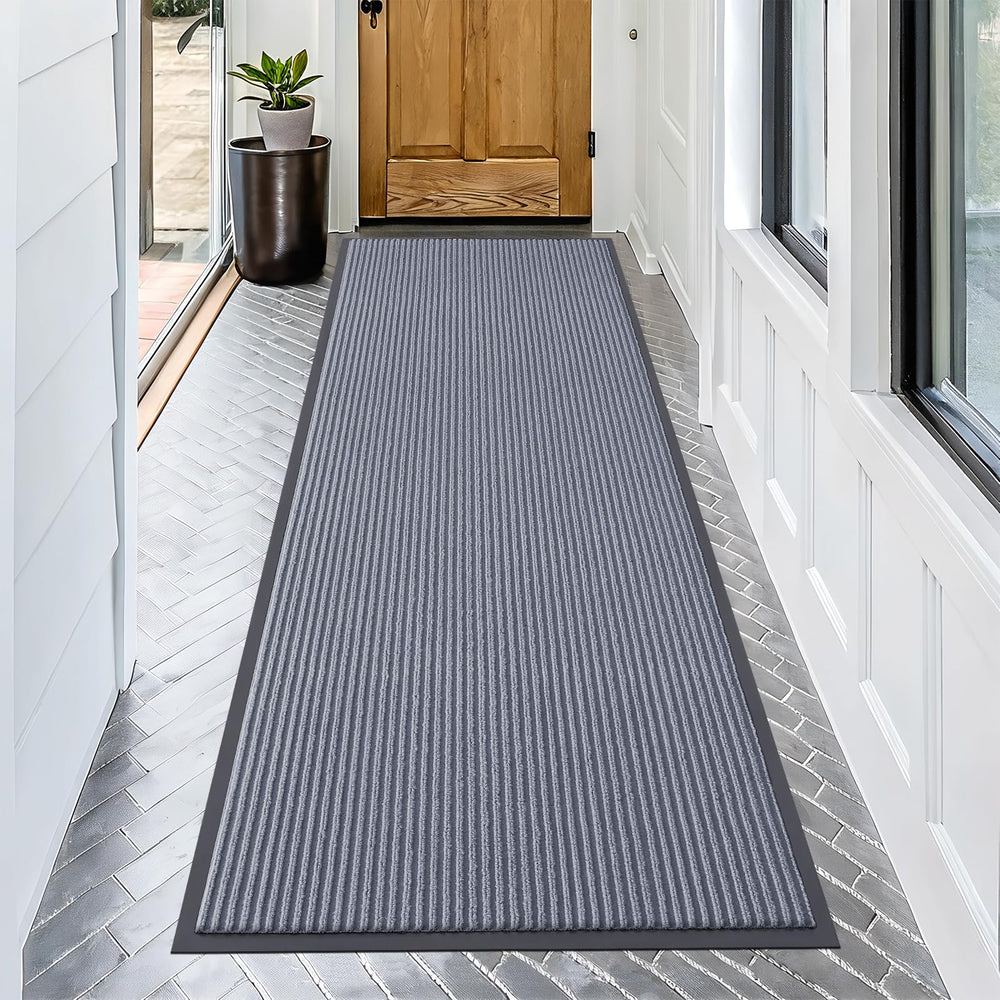 OLANLY Front Door Mat 71x30 in ash grey with modern stripe pattern